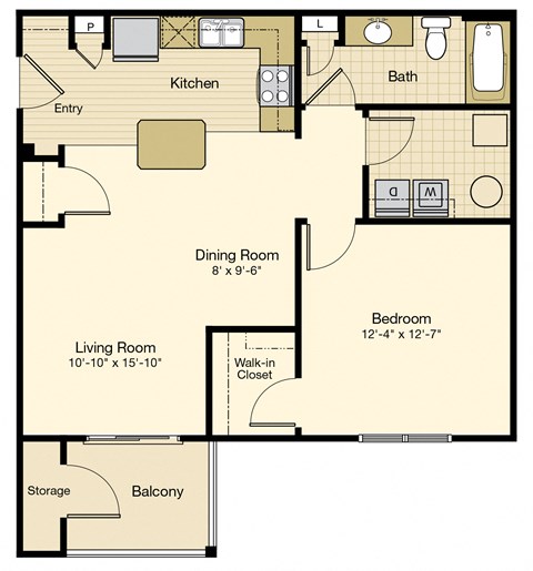 Floor plan for 1 bed, 1 bath, 864 sqft